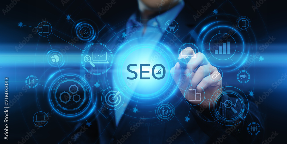 SEO Search Engine Optimization Marketing Ranking Traffic Website Internet Business Technology Concept - obrazy, fototapety, plakaty 