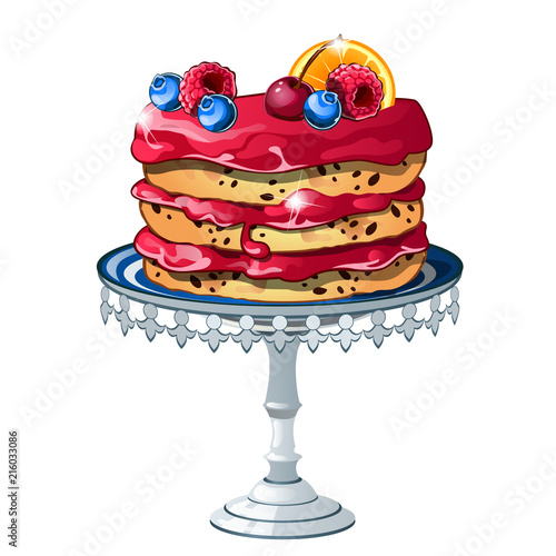Puff cake with fresh fruits and berries isolated on a white background. Vector cartoon close-up illustration.