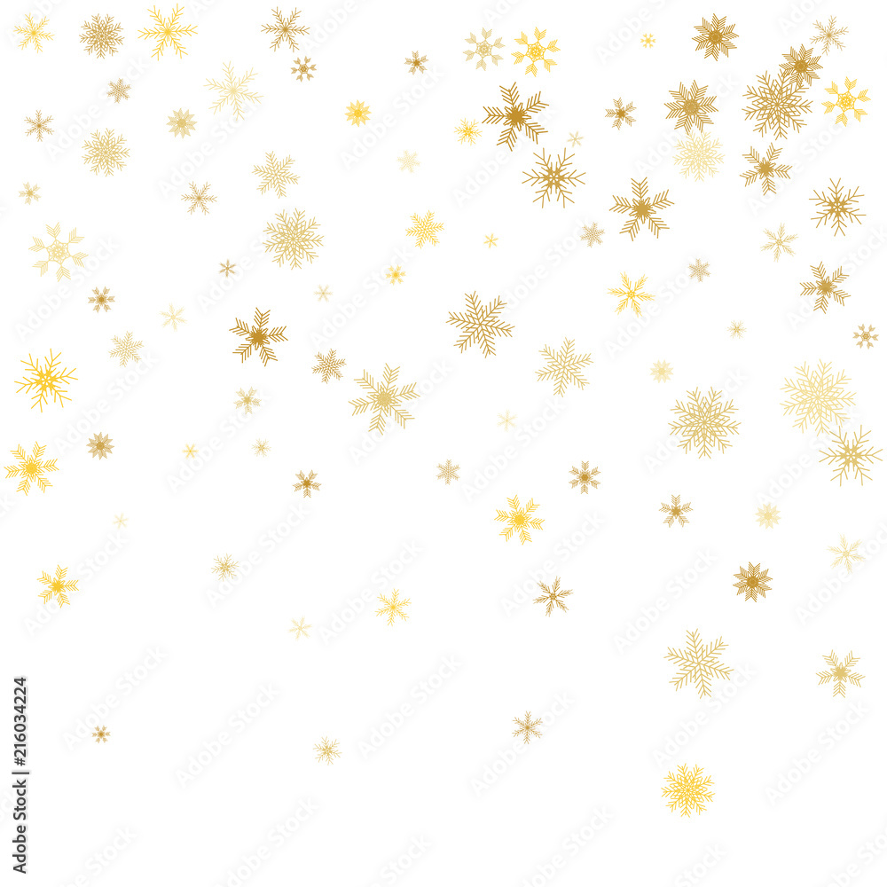 White Christmas snowflakes background. Gold snowflakes. Snowflakes confetti