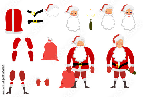 Vector illustration of a tired Santa Claus set for animation. Hands, legs and parts of clothes can be moved. Christmas and New Year. Classical red clothes. Cigarettes and booze.