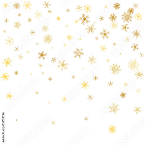 White Christmas snowflakes background. Gold snowflakes. Snowflakes confetti
