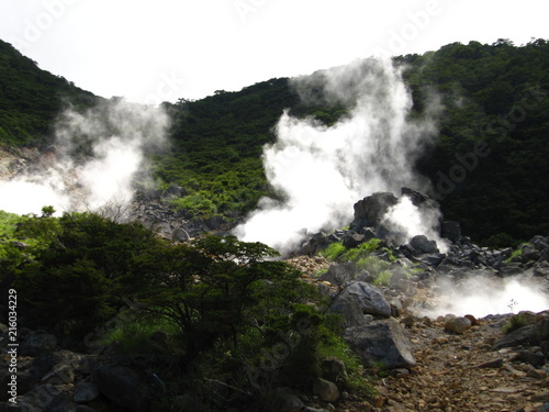 steaming hot sulfur pools in hakone national park, japan