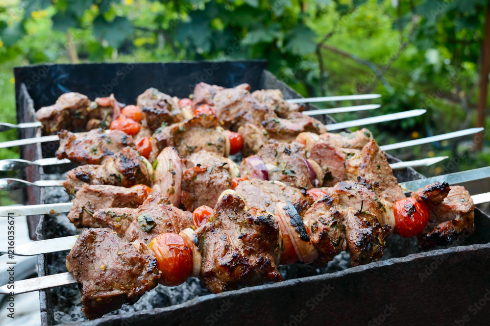Juicy shish kebab from pork, tomatoes on skewers, fried on a fire outdoor on a background of nature. Barbecue.