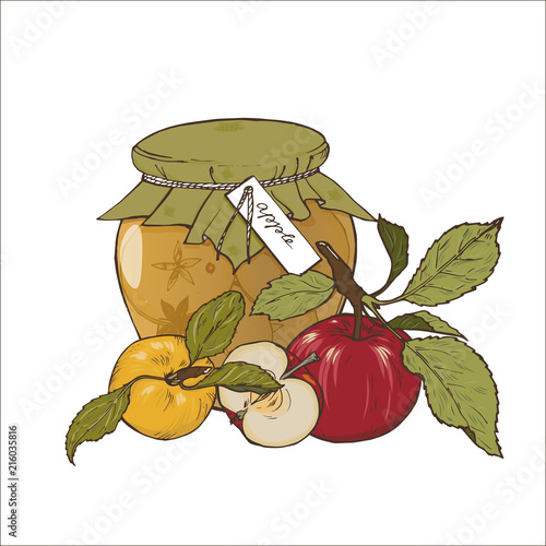 Apple jam in a jar and apples