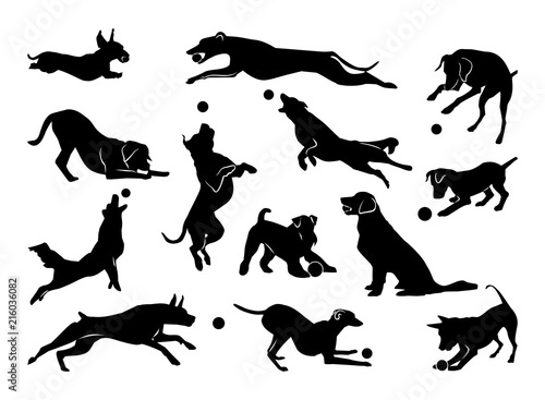 Set of pet silhouettes. Dogs with ball