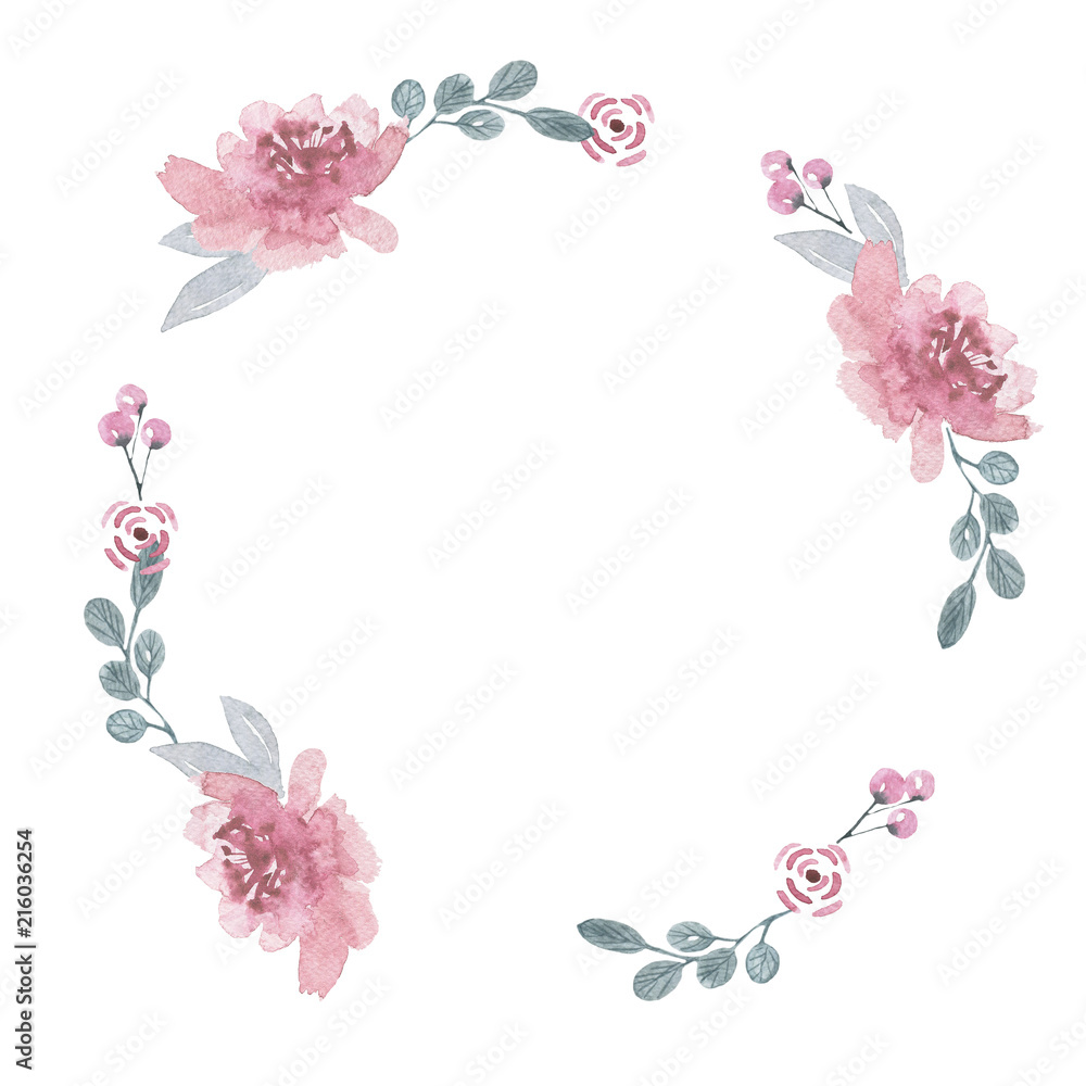 floral wreath/ flower illustration for wedding, anniversary, birthday, invitations, romantic events. Floral arrangement with flower composition on white background. Pastel colors.