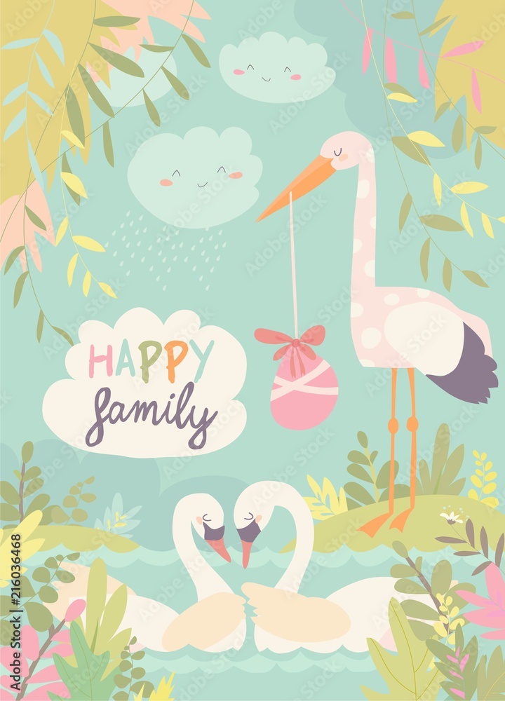 Naklejka premium Cartoon swans in love and stork with baby