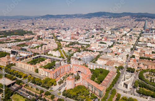 Aerial view of Barcelona cityscape with a modern apartment buildings