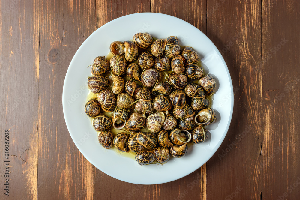 Tasty fried snails in white dish on brown wooden background. Tasty fried snails in white dish on brown wooden background.