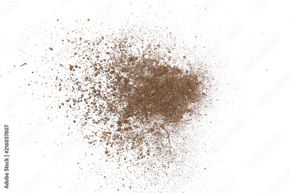 Pile dirt isolated on white background, top view
