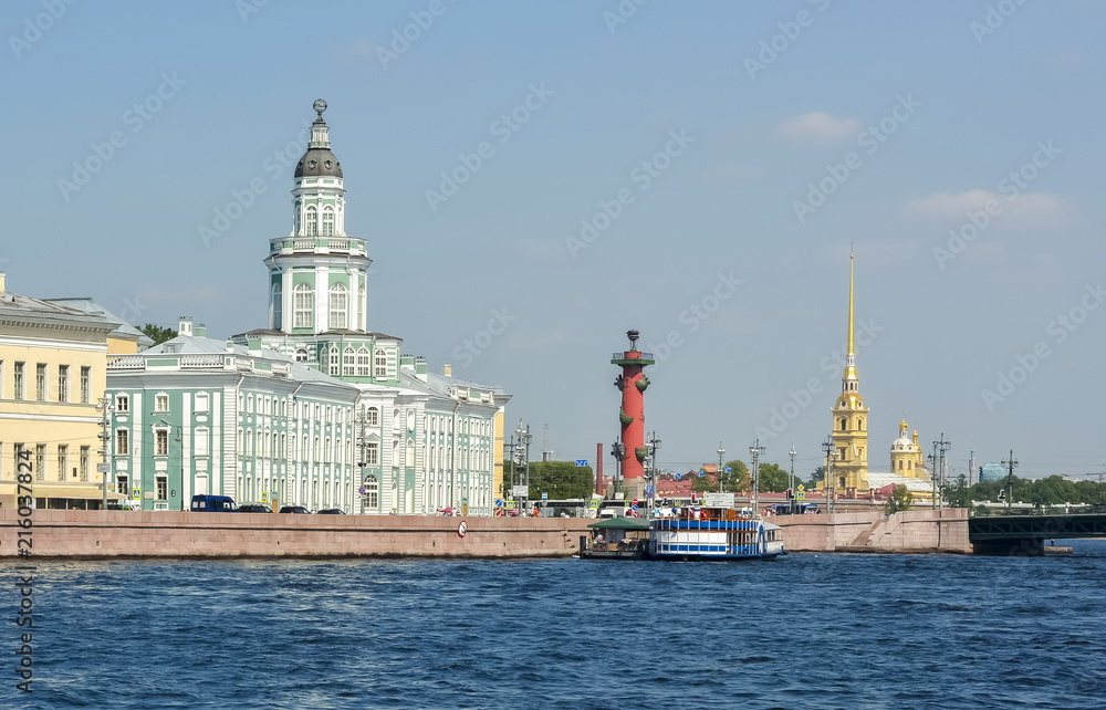 Saint Petersburg cityscape with Kunstkamera museum, Rostral column and Peter and Paul fortress, Russia