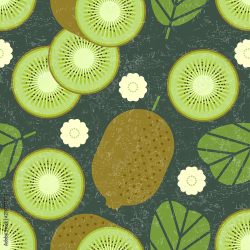 Kiwi seamless pattern. Whole and sliced kiwi fruits with leaves and flowers on shabby background. Original simple flat illustration. Shabby style.