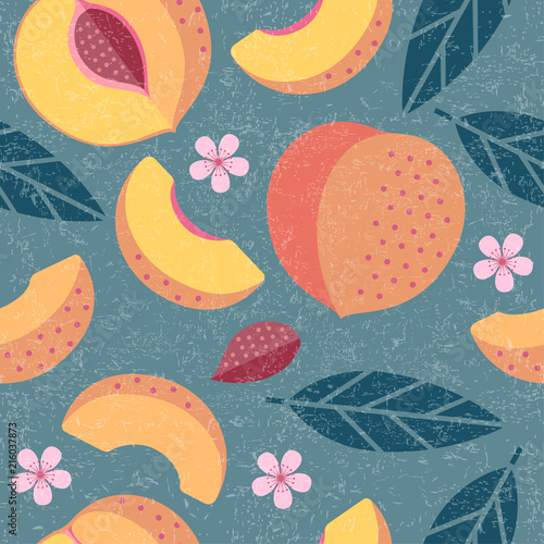 Peaches seamless pattern. Whole and sliced peaches with leaves and flowers on shabby background. Original simple flat illustration. Shabby style.