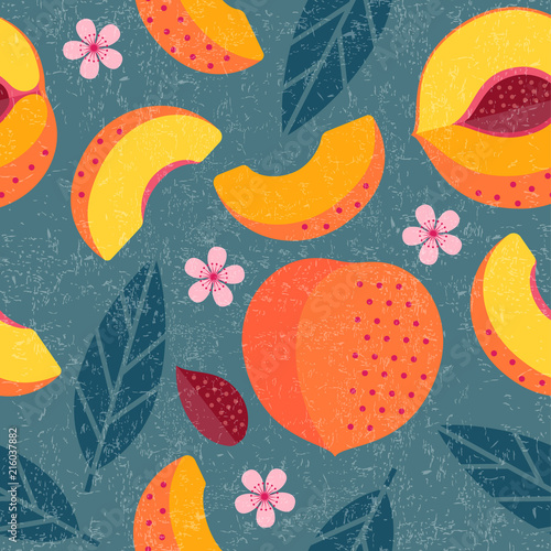 Peaches seamless pattern. Whole and sliced peaches with leaves and flowers on shabby background. Original simple flat illustration. Shabby style.