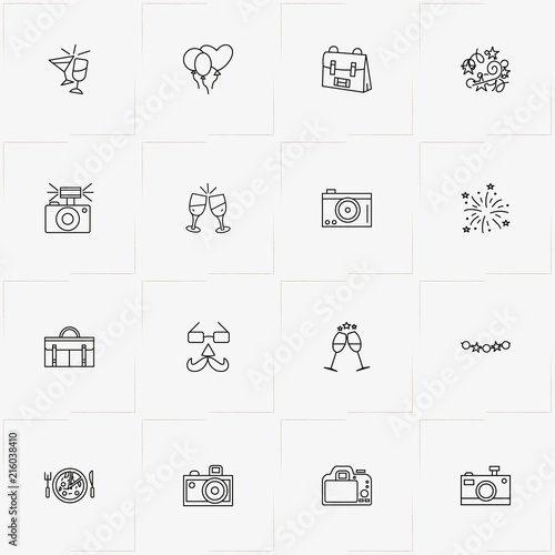 Birthday line icon set with balloons, fireworks and spectacle with mustache mask