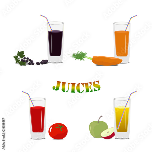 Set of glasses with juice and fruits. Vector illustration