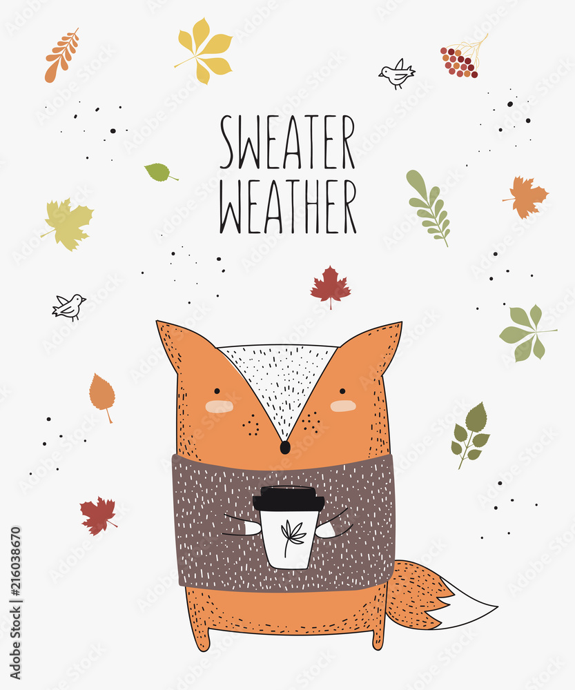 Fototapeta Wektor rysunek linii lis w swetrze z hasłem o jesieni