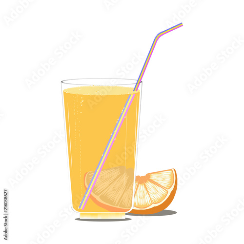 Glass of orange soda with straw. Vector illustration.