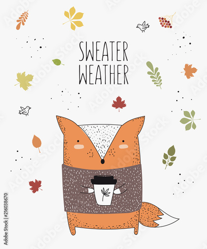 Vector line drawing fox in a sweater with slogan about autumn