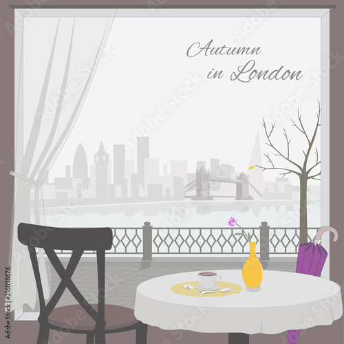 View of London cityscape from cafe window. Vector.
