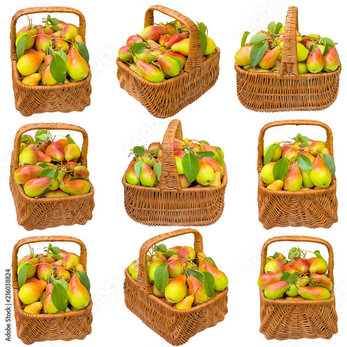 Basket with pears isolated on a white background.