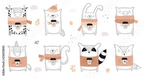 Vector collection of line drawing autumn animals in sweater and scarf. Set of doodle illustrations