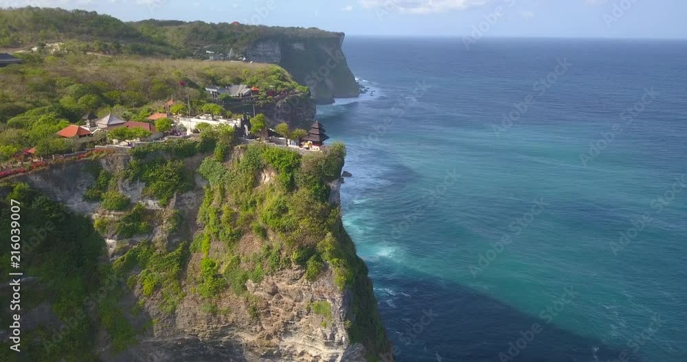 Pura Uluwatu temple. Stone cliffs, ocean waves and ocean landscape. Aerial view. Bali island, Indonesia. Pura Uluwatu temple. Stone cliffs, ocean waves and ocean landscape. Aerial view. Bali island, Indonesia.