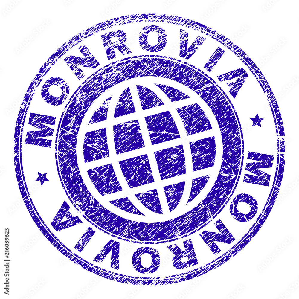 MONROVIA stamp imprint with grunge texture. Blue vector rubber seal imprint of MONROVIA text with grunge texture. Seal has words arranged by circle and planet symbol.