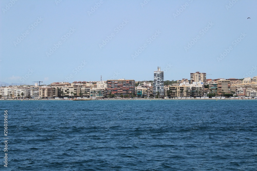 Panoramic view of the coast of Santa Pola, Alicante from the sea