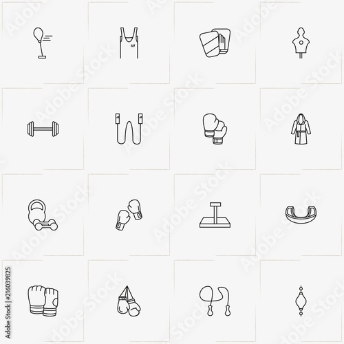 Boxing line icon set with sport shirt, scales and barbell