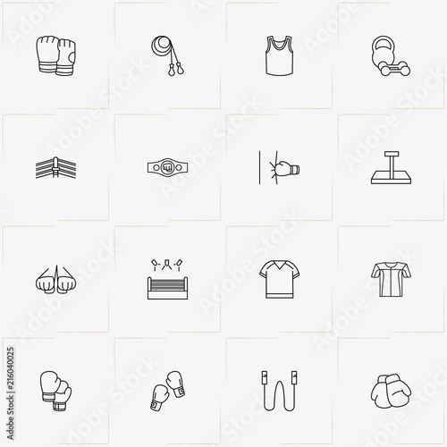 Boxing line icon set with box gloves, boxing ring and barbell weights