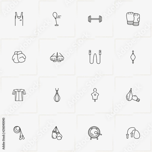 Boxing line icon set with punching bag, boxing gong and barbell