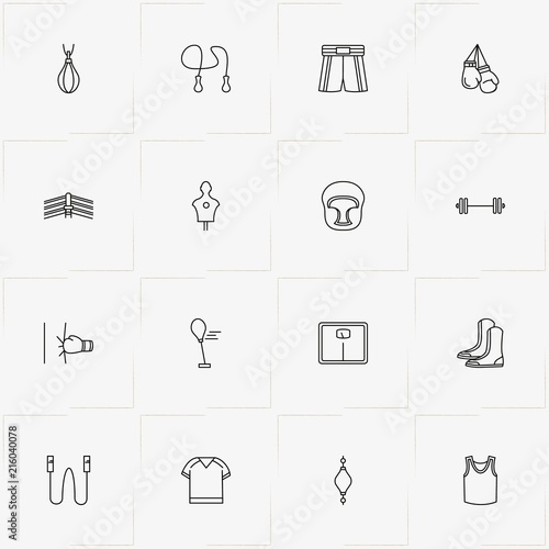 Boxing line icon set with jumping rope, boxing ring and boxing helmet