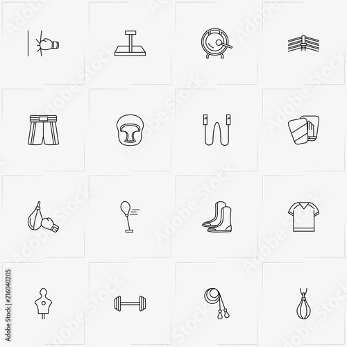 Boxing line icon set with boxing gong, sport shirt and boxing shoe