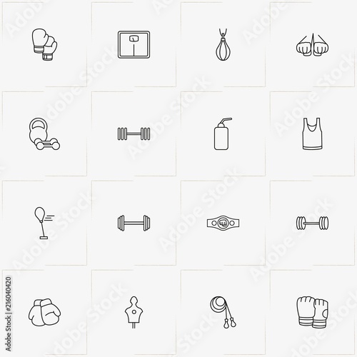 Boxing line icon set with jumping rope, barbell weights and sport shirt