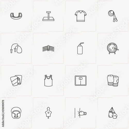 Boxing line icon set with sport shirt, jumping rope and boxing paw