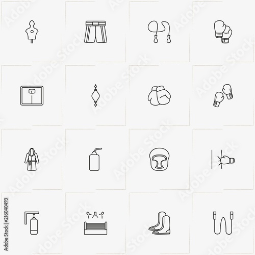 Boxing line icon set with boxer gown, boxing ring and boxing gloves