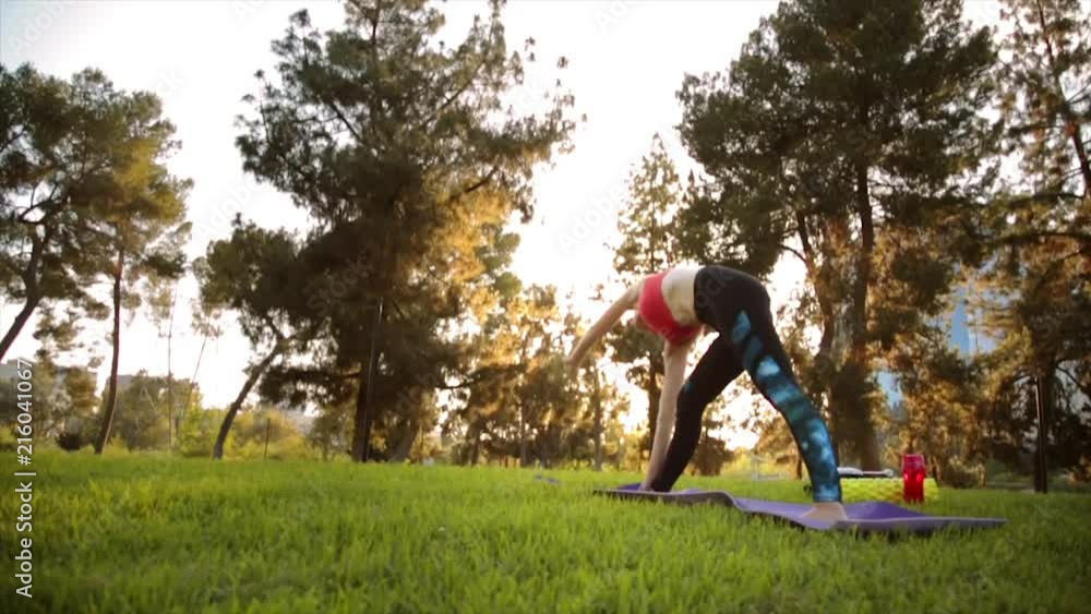 Wide shot of a beautiful young fit caucasian woman outside doing yoga: triangle pose: utthita trikonasana. The background shows a morning sunshine through the trees. Wide shot of a beautiful young fit caucasian woman outside doing yoga: triangle pose: utthita trikonasana. The background shows a morning sunshine through the trees.