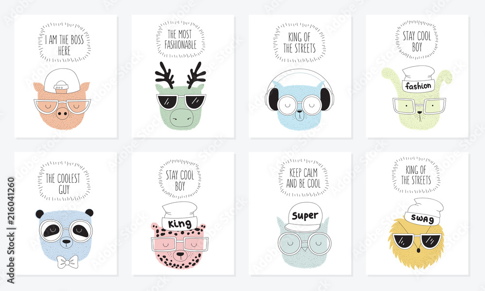 Vector collection of postcards with line drawing hipster animals with cool slogan
