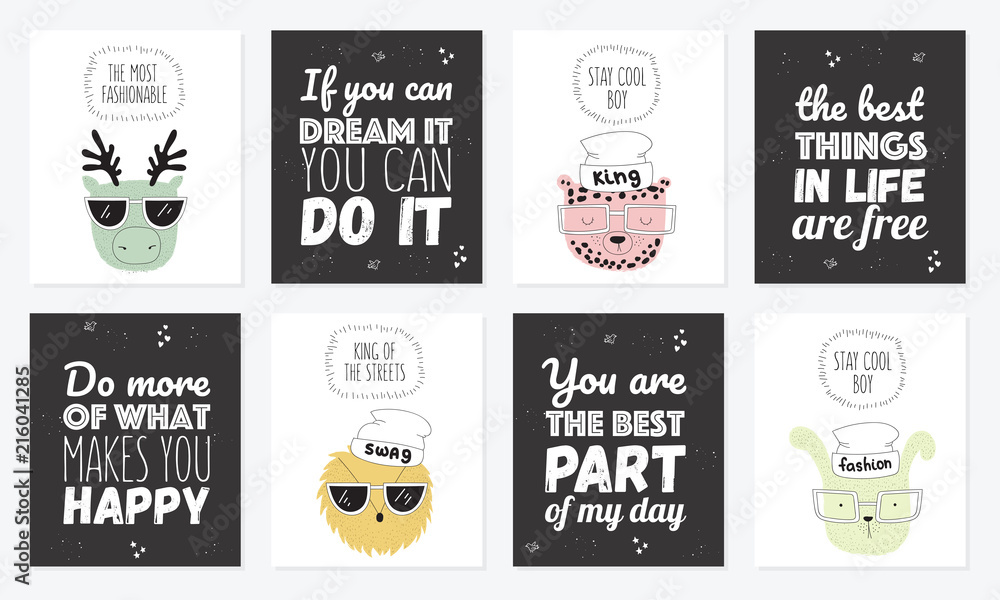 Vector collection of postcards with line drawing hipster animals with cool slogan