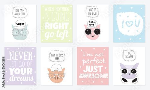 Vector collection of postcards with line drawing hipster animals with cool slogan