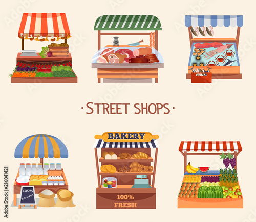 Set of vector flat design street shops. Fresh food on counters. Local farmers market. Vector illustration