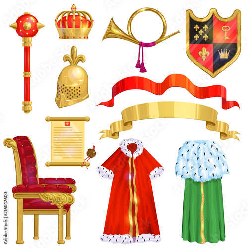 Royalty vector golden royal crown symbol of king queen and princess illustration sign of crowning prince authority set of crown jeweles and throne isolated on white background