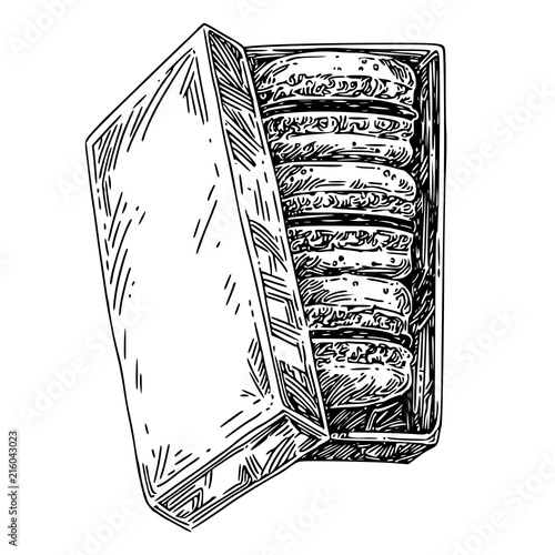 Macaroon in carton box. Sketch. Engraving Style. Vector illustration.