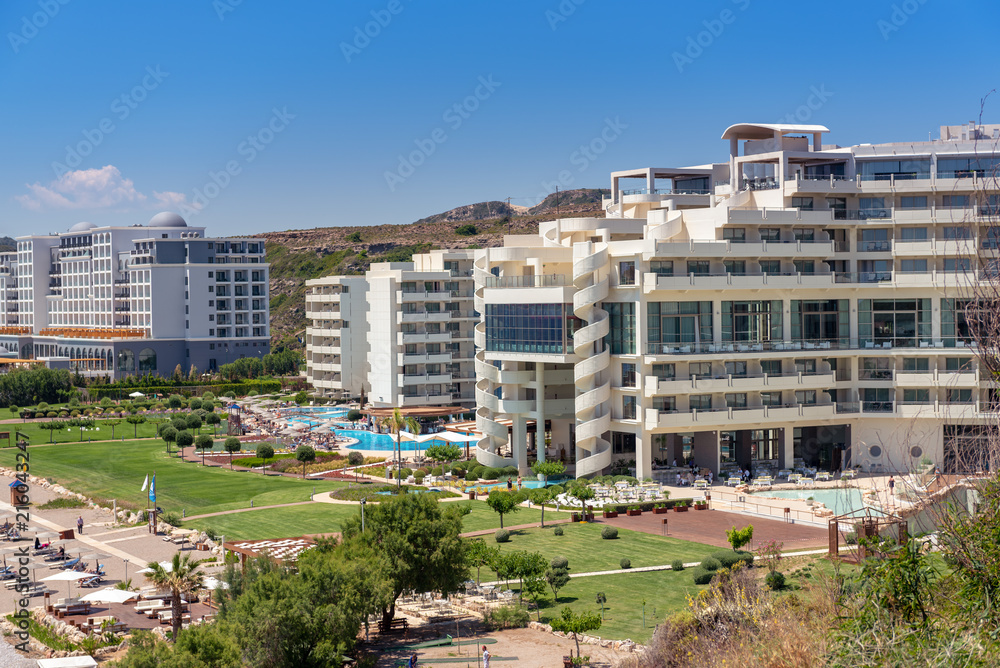 RHODES, GREECE - May 13, 2018: Luxury hotels in Faliraki. Rhodes island, Dodecanese, Greece.