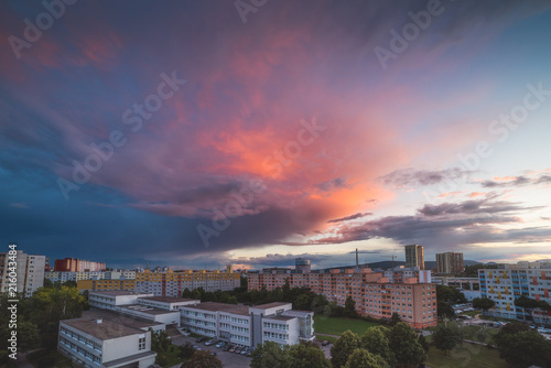 Beautiful Colorful Sunset over Housing Estate. Petrzalka, Bratislava, Slovakia.