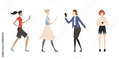 Vector set of simple flat women in various situations using smartphone