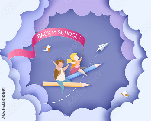 Back to school 1 september card. Children flying on pencil with air balloons. Paper cut style. Vector illustration