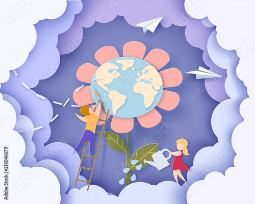 Children caring for the Earth flower with blue sky background. Save the planet card. Vector illustration. Paper cut and craft style.