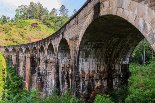 Bottom view of Nine Arch Bridge, the perfect example of the British railway construction, located in deep jungle of Demodara, Ella, Sri Lanka © bestforbest